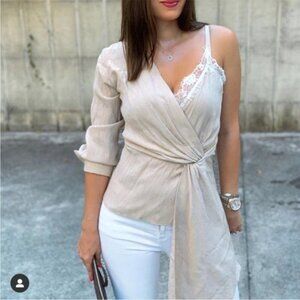 ZARA Tan Wrap Blouse Asymmetrical Tie Front Sz M Blogger Favorite Chic Top